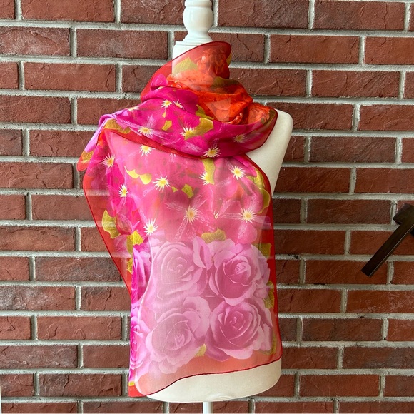 •Anne Klein Silk Chiffon Floral Signed Scarf 15”x60” - Picture 3 of 8